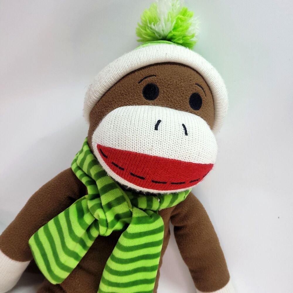 Winter Holiday Large Sock Monkey Plush 26" Dandee Brown Scarf & Hat Striped